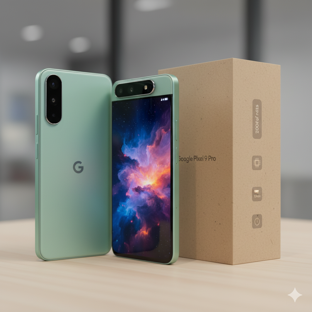 Google Pixel 9 Pro front and back alongside product packaging