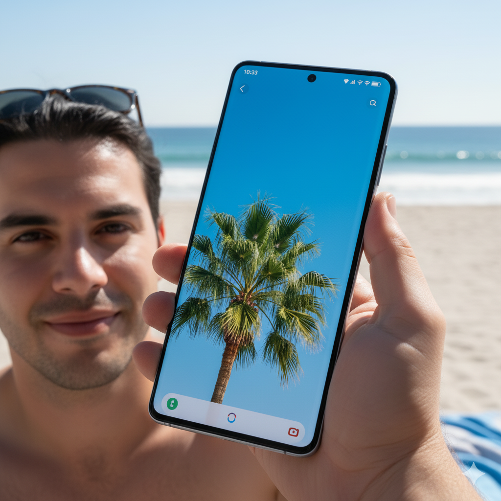 Galaxy S25 Ultra smartphone screen in direct sunlight, demonstrating high brightness and clarity outdoors”
