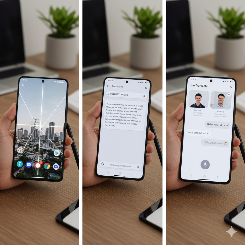 Magic Eraser editing a photo, Live Translate for real-time language, and AI-powered note-taking on a Samsung Galaxy device”