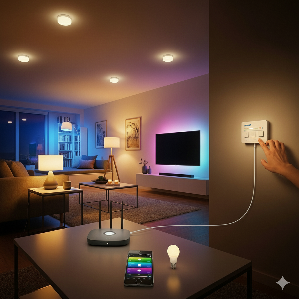 Philips Hue smart lighting setup in a modern living room with circadian rhythm lighting