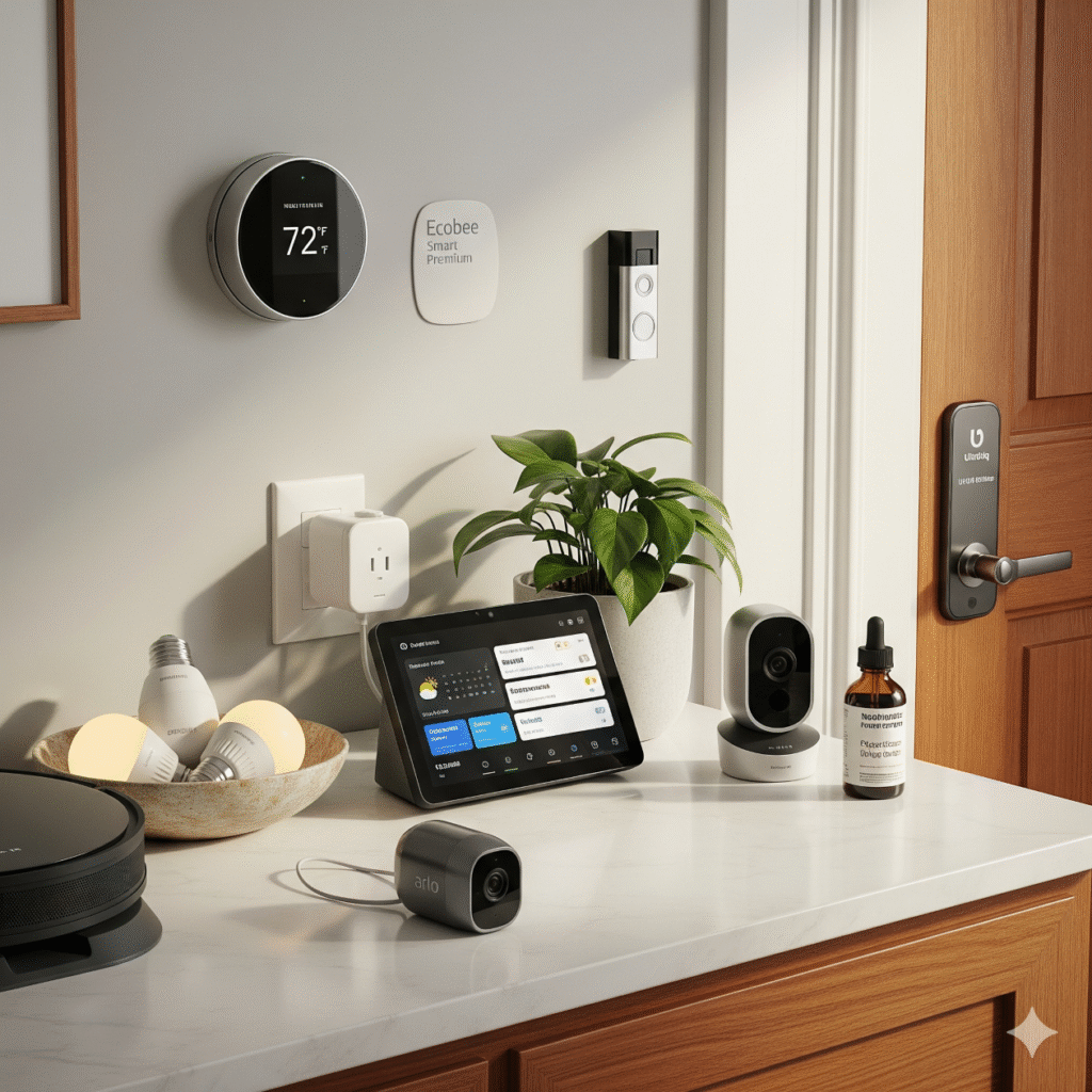 Modern smart home interior in 2025 featuring AI-powered devices and sustainable technology