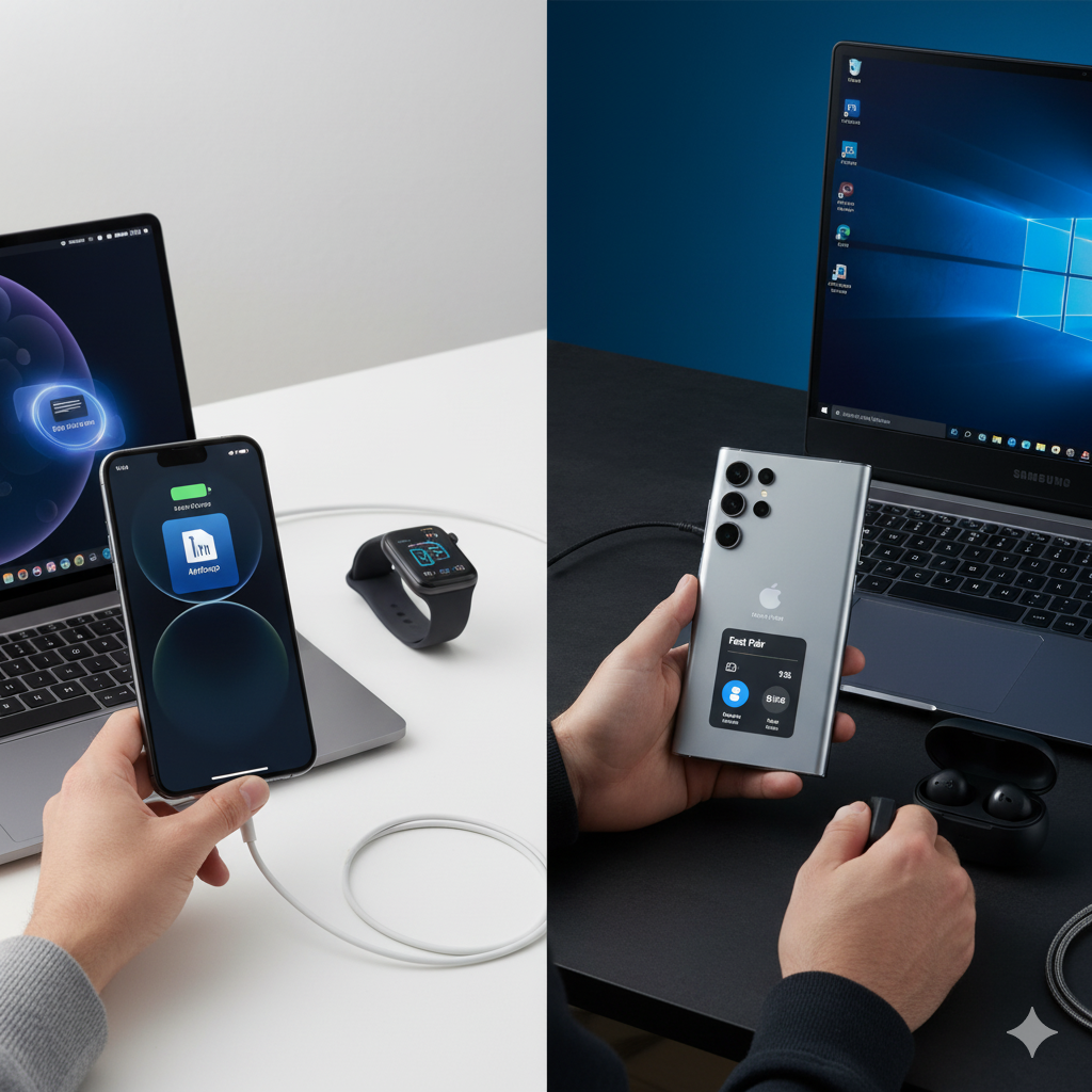 User connecting iPhone, MacBook, and Apple Watch together and pairing Galaxy S25 Ultra with Galaxy Buds and a Windows laptop to show integrated device ecosystems”

