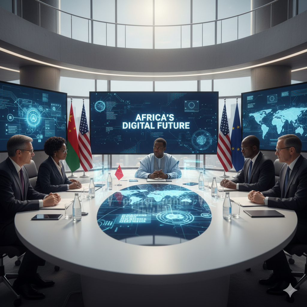 Global powers, including China, the U.S., and the EU competing for digital influence in Africa.