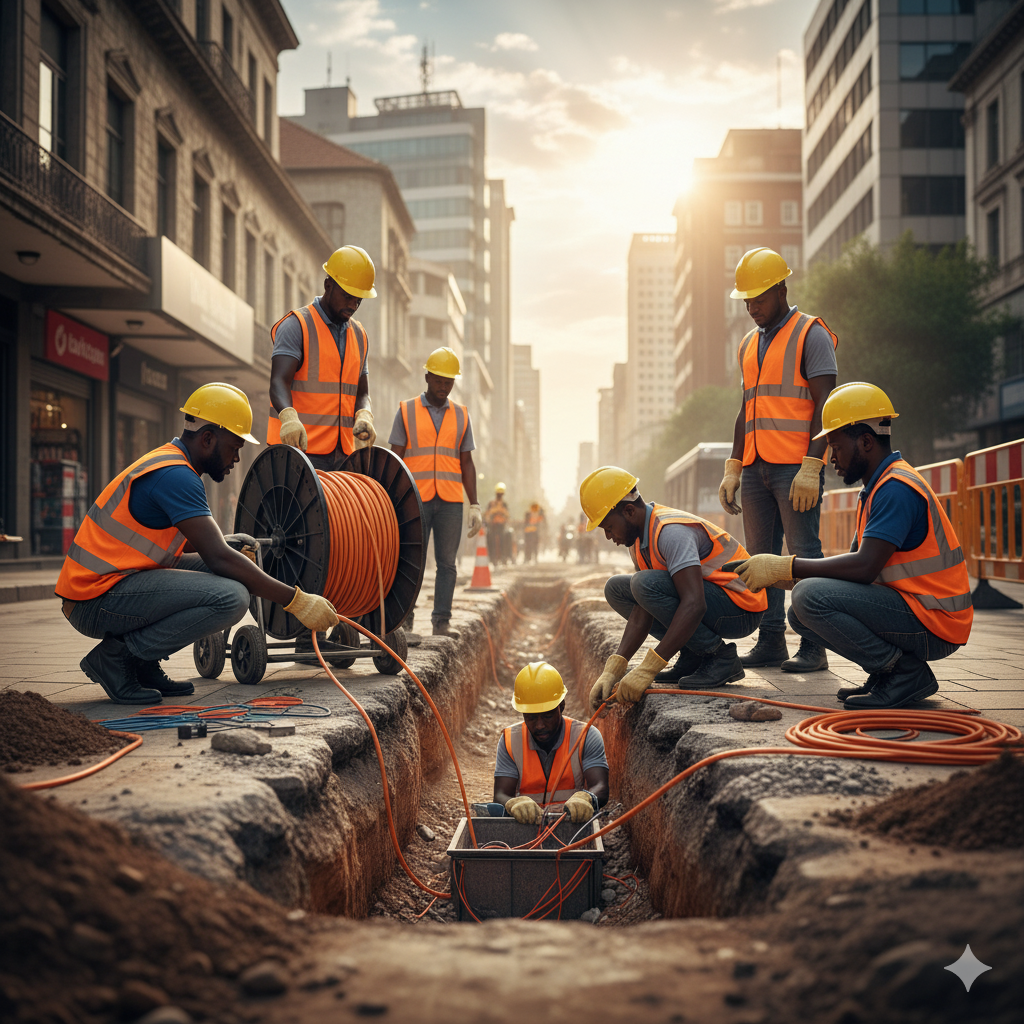 African telecom engineers installing Huawei 5G equipment under China-Africa digital partnership