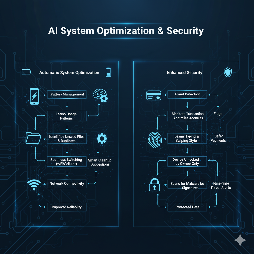 Infographic showing AI processes for battery management and security on smartphones”