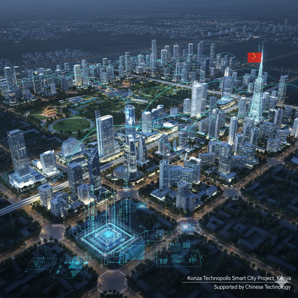 Kenya: Konza Technopolis aerial render → “Konza Technopolis smart city project in Kenya supported by Chinese technology.”