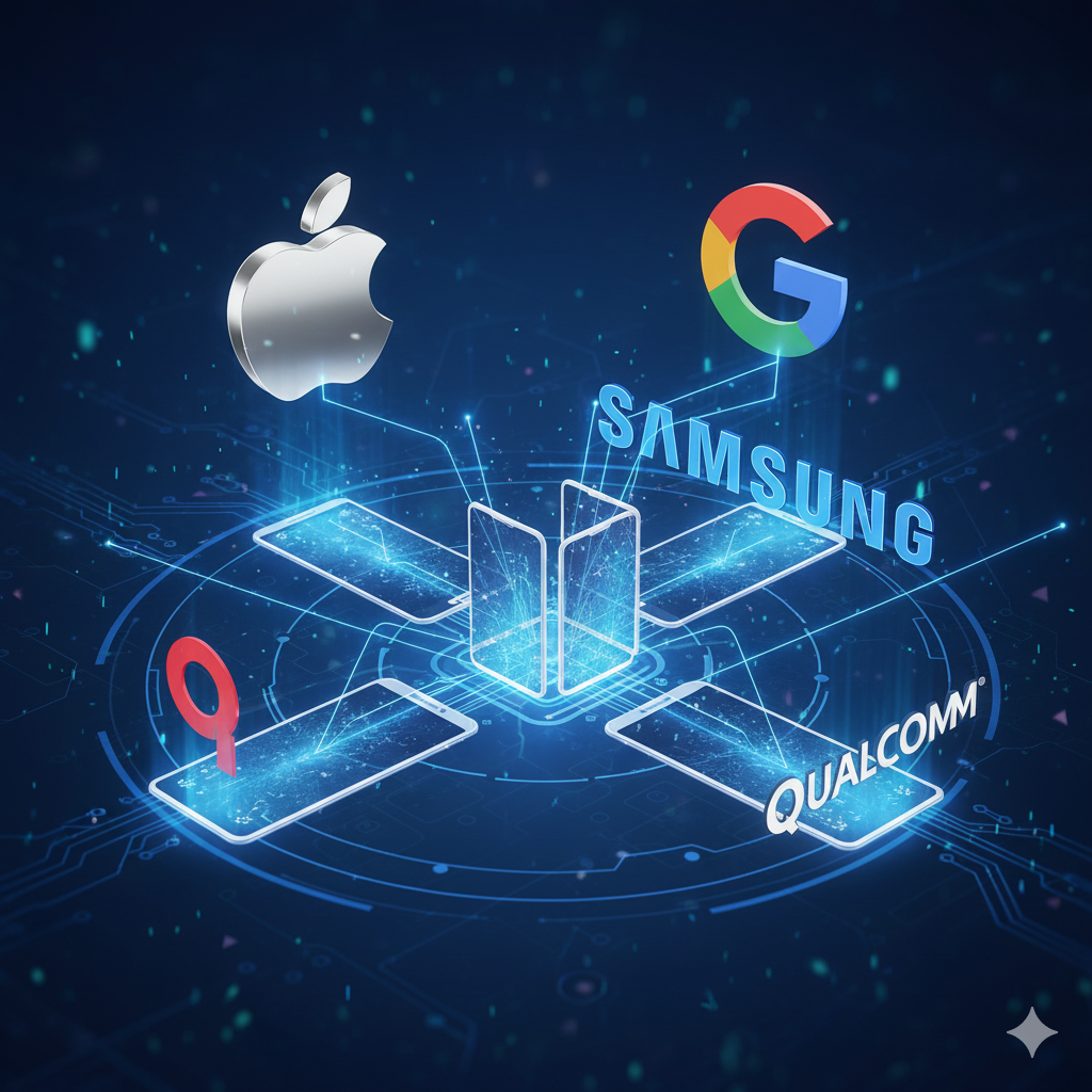 Logos of Apple, Google, Samsung, and Qualcomm connected to smartphone icons