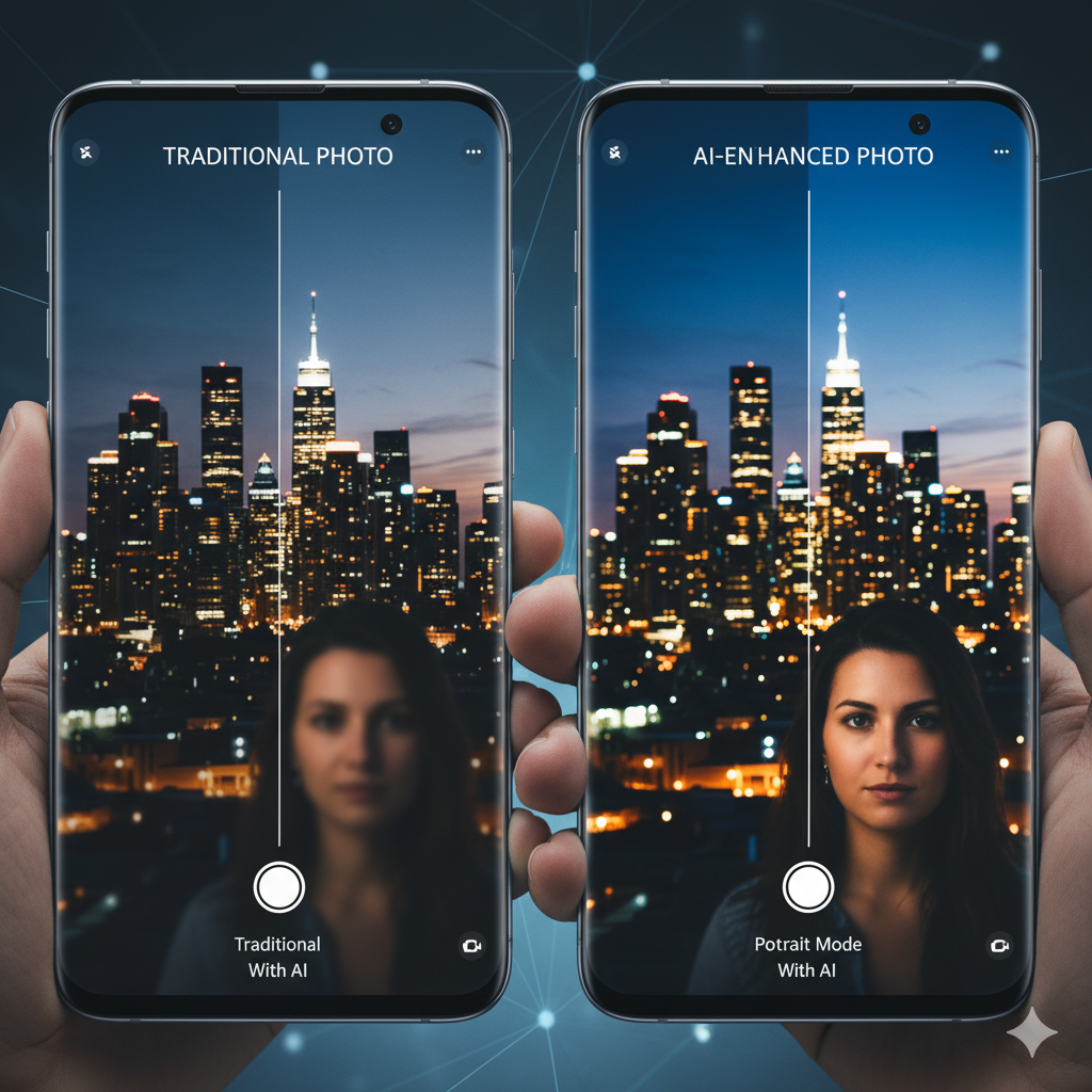 Sample smartphone photos comparing traditional and AI-enhanced photography