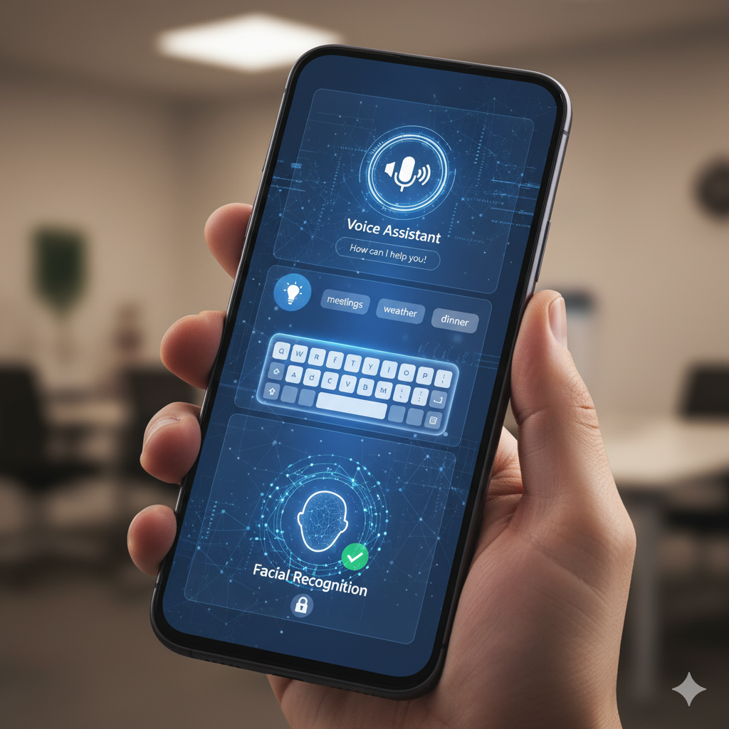 Smartphone displaying voice assistant, smart keyboard, and facial recognition icons