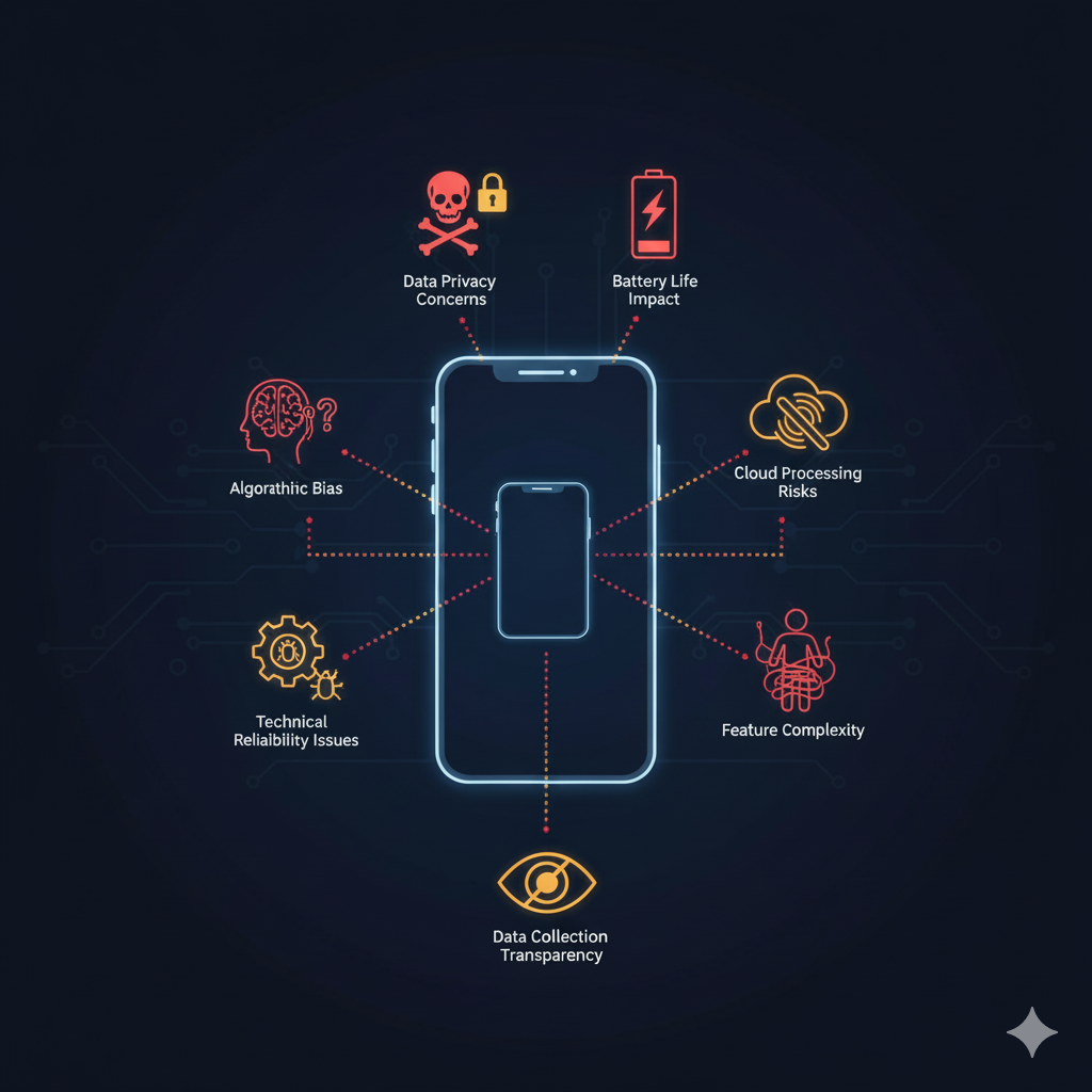 Smartphone icon with warning symbols representing technical and privacy concerns