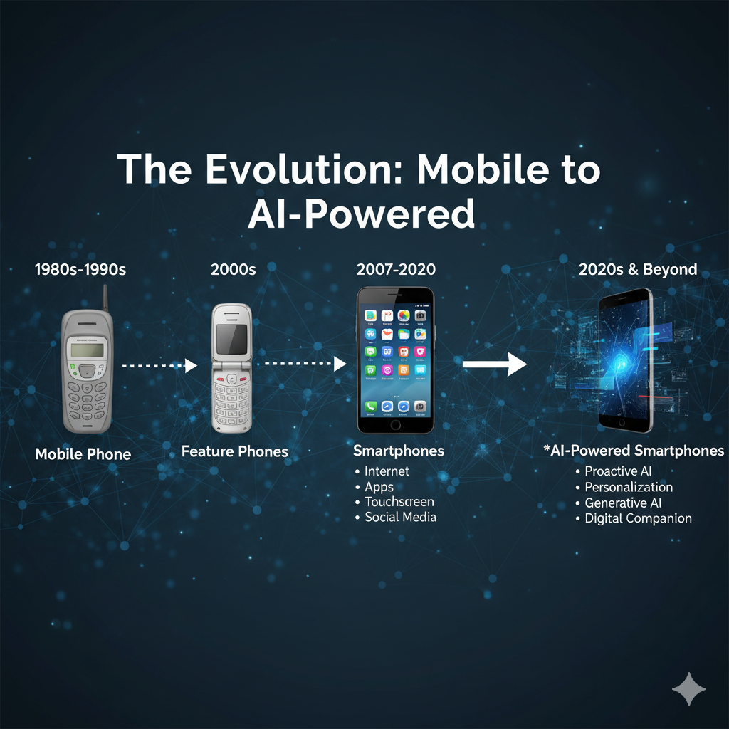 Timeline showing the evolution from mobile phones to AI-powered smartphones