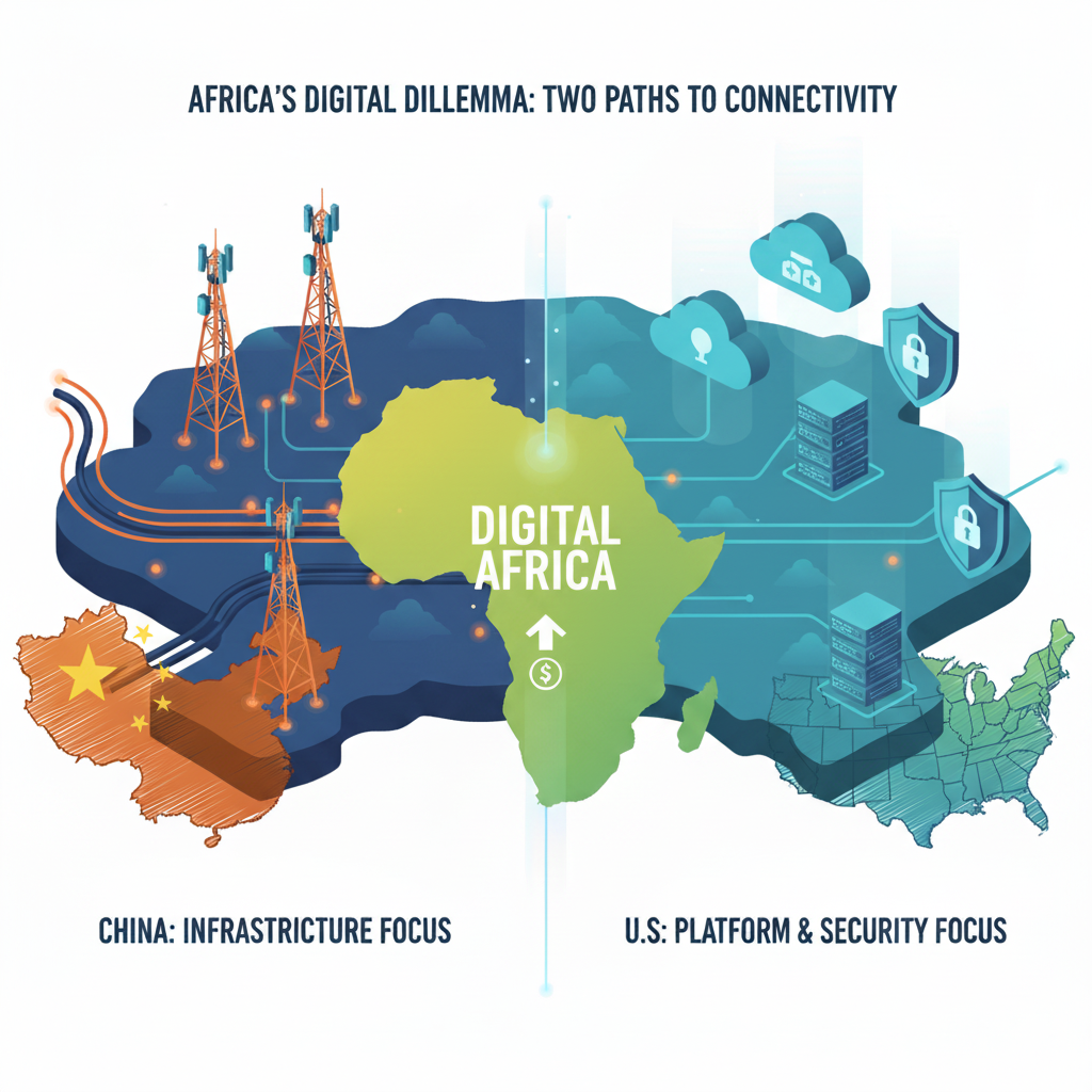 Comparison graphic of Chinese infrastructure and U.S. cloud technology influencing Africa’s digital landscape