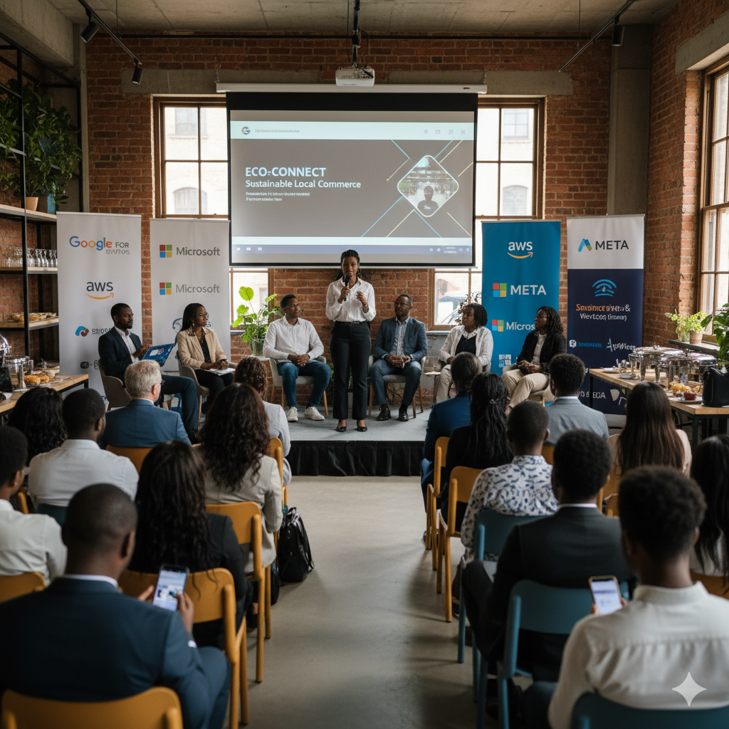 Kenyan startup founders presenting at a tech accelerator sponsored by major U.S. technology firms