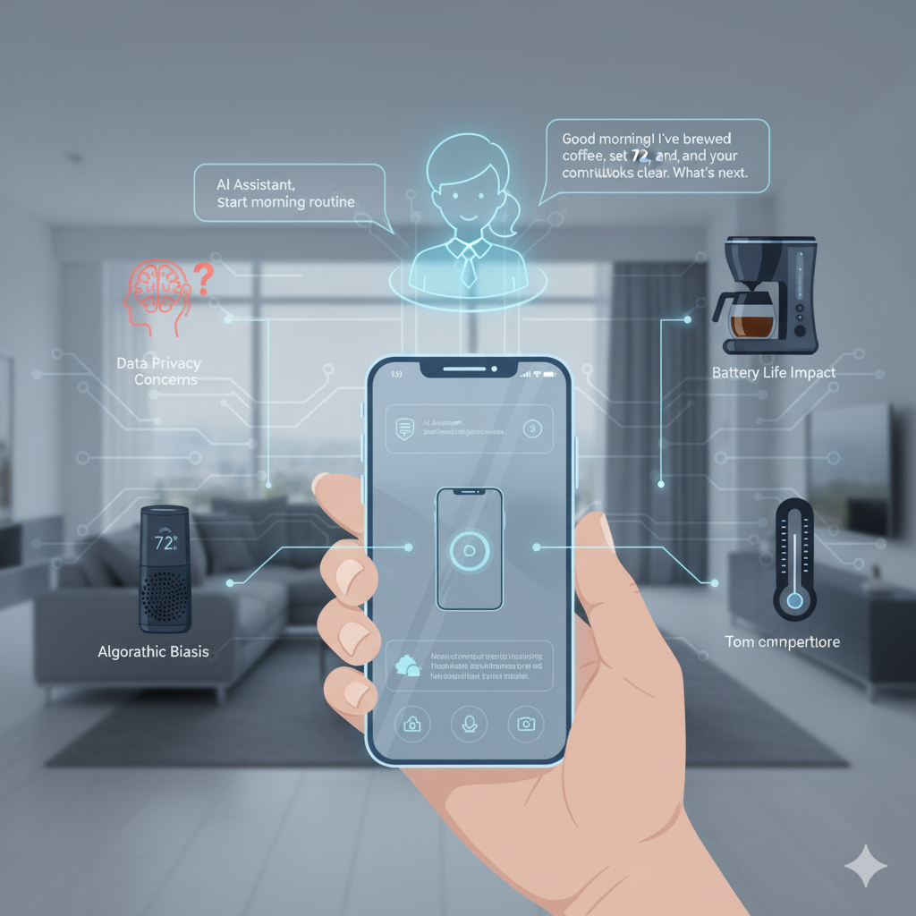 Concept illustration of future smartphone use: voice control, IoT integration, and AI assistant interactions