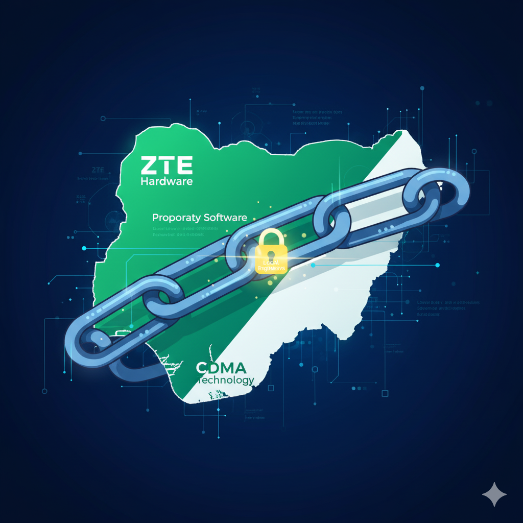 Infographic depicting a technology chain locking down a map of Nigeria, symbolizing 'vendor lock-in' due to proprietary Chinese equipment like ZTE's CDMA system.