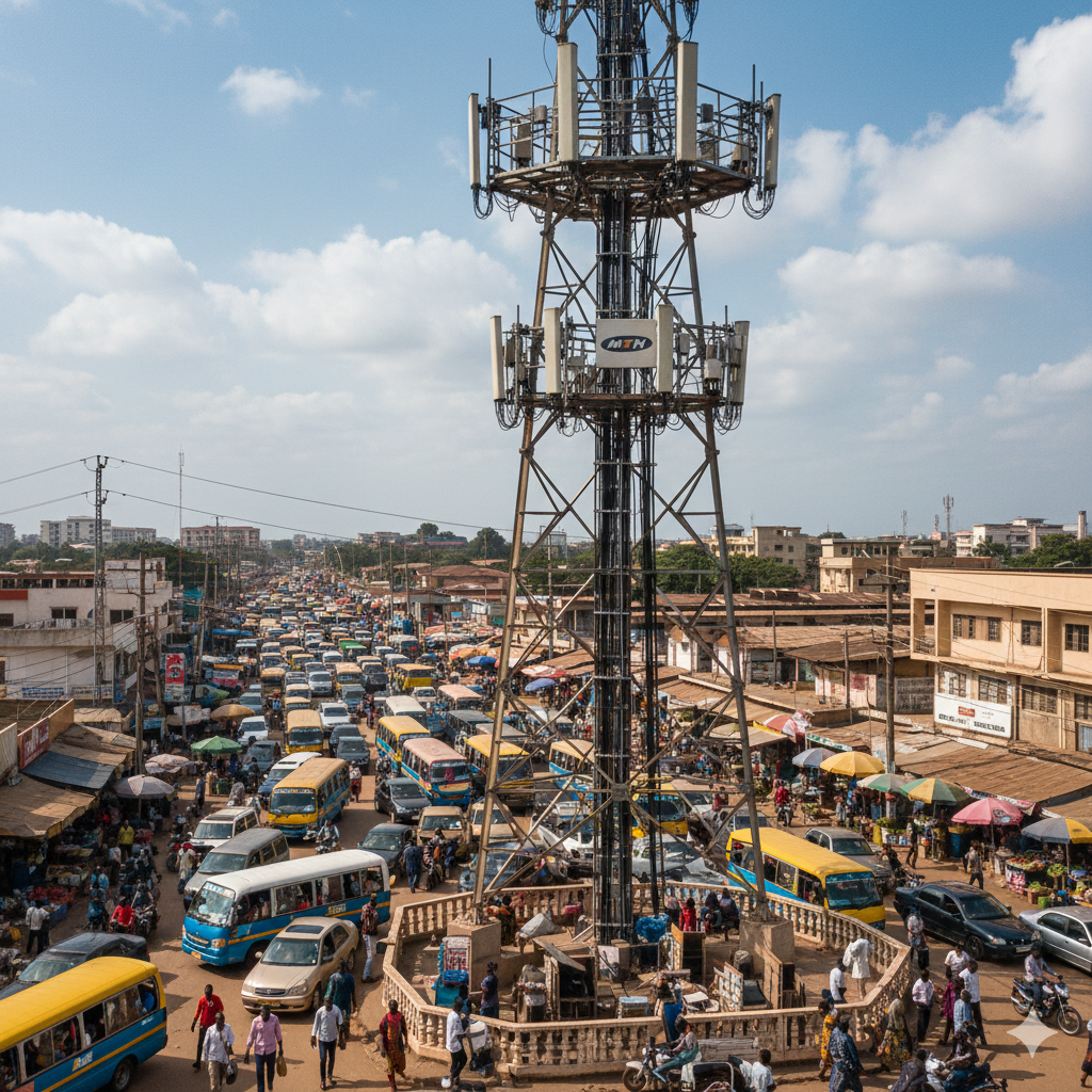 A telecommunications tower overlooking a busy street in Accra, Ghana, representing the 4G infrastructure that powers the country's high mobile penetration.