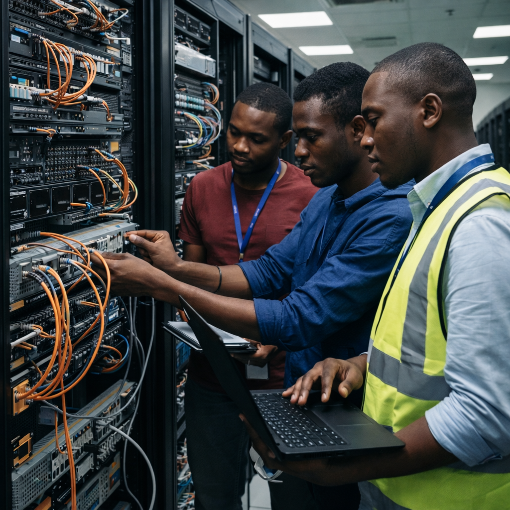 African engineers receiving hands-on training in data center facility, working with servers and networking equipment"