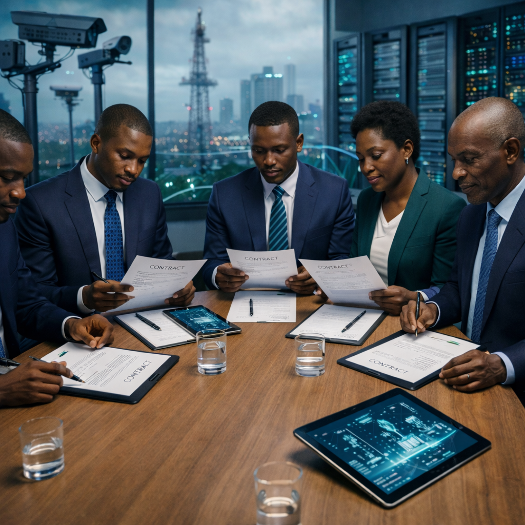 African government negotiators examining contract documents across a conference table