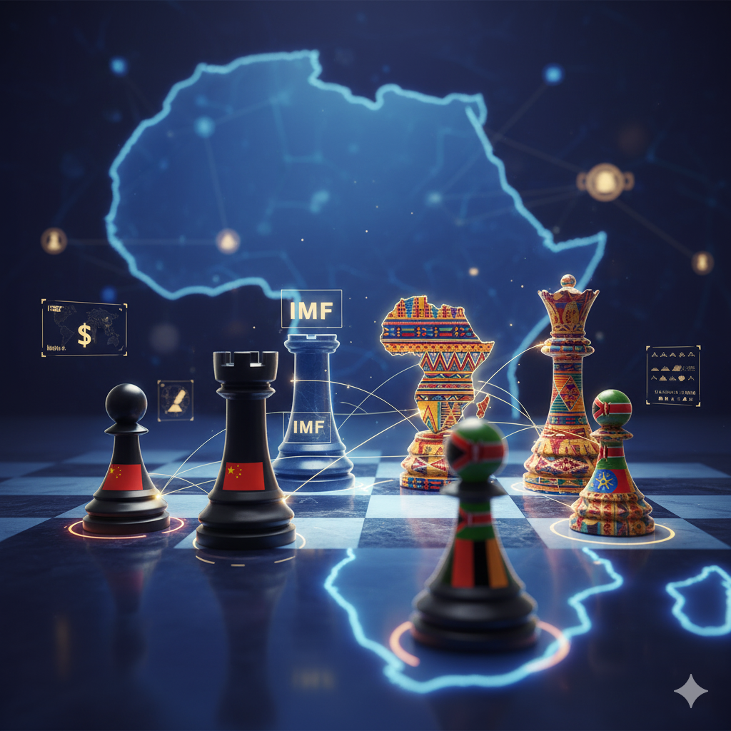 Conceptual image of global financial players on a chessboard over Africa, symbolizing the new rules of debt diplomacy
