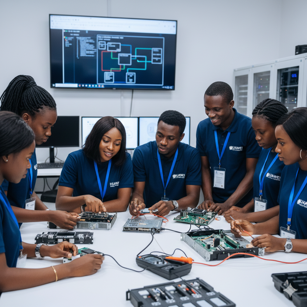 Ghanaian ICT engineers participating in a technical training session, illustrating the human infrastructure and 'Seeds for the Future' talent pipeline in the tech sector.