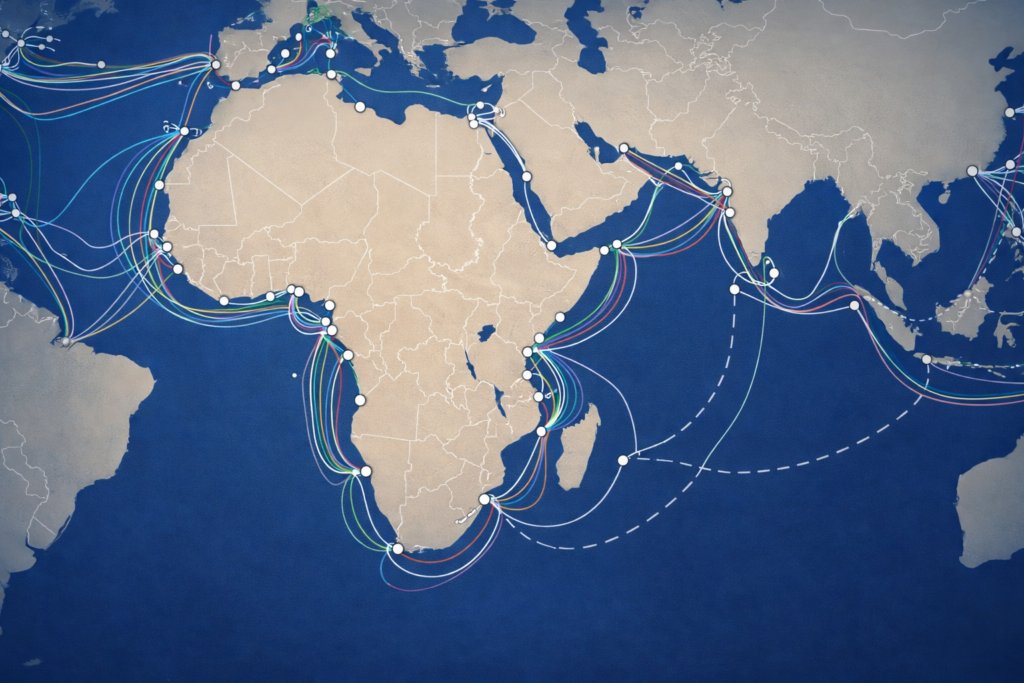 Map showing submarine fiber optic cables connecting African coastline to global networks, with inland fiber gaps visible