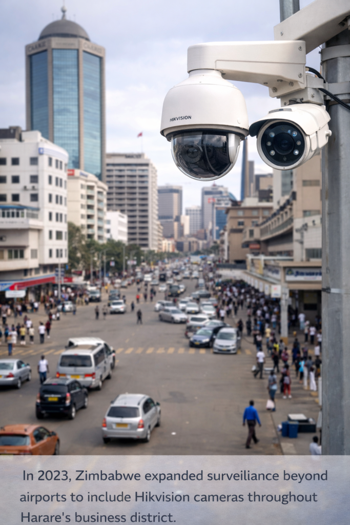 Surveillance cameras in Harare central business district Zimbabwe installed by Hikvision as part of 2023 surveillance expansion
