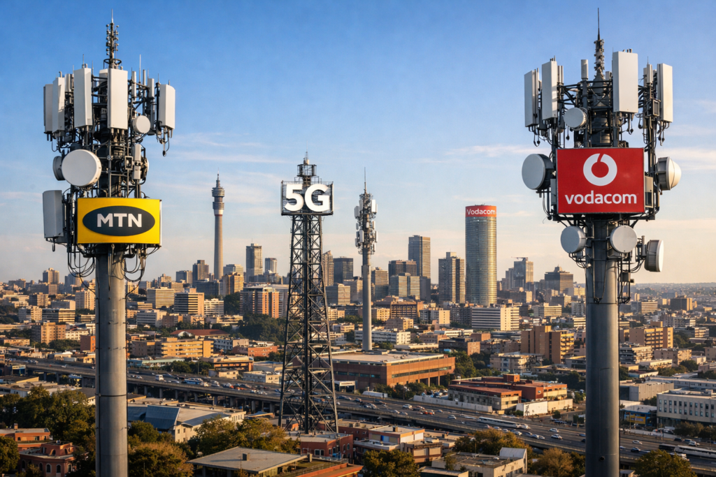 Johannesburg city skyline with visible cellular communication towers and 5G infrastructure"