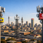 Johannesburg city skyline with visible cellular communication towers and 5G infrastructure"