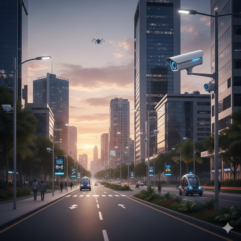 Kigali Rwanda smart city infrastructure showing efficient urban management with surveillance cameras and modern street systems