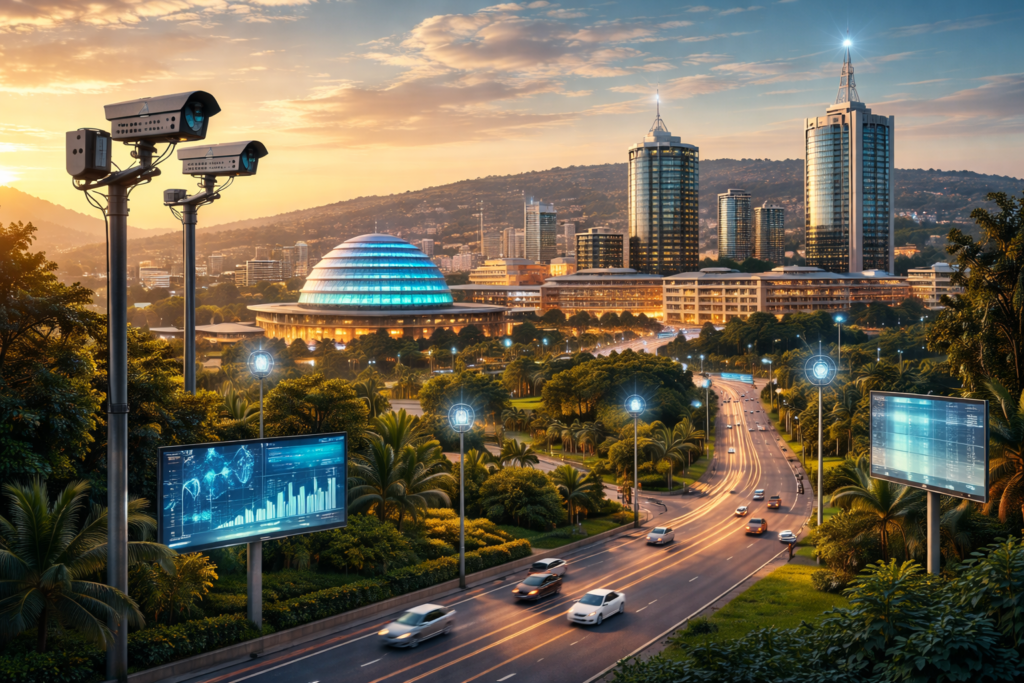 "Modern Kigali skyline with functioning smart city infrastructure, showcasing Rwanda's strategic approach to tech partnerships"
