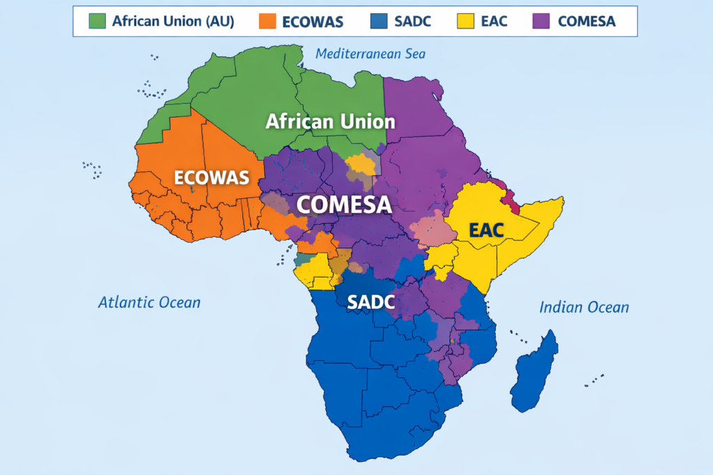 Map of African regional economic communities including African Union ECOWAS SADC EAC and COMESA showing overlapping member state jurisdictions"