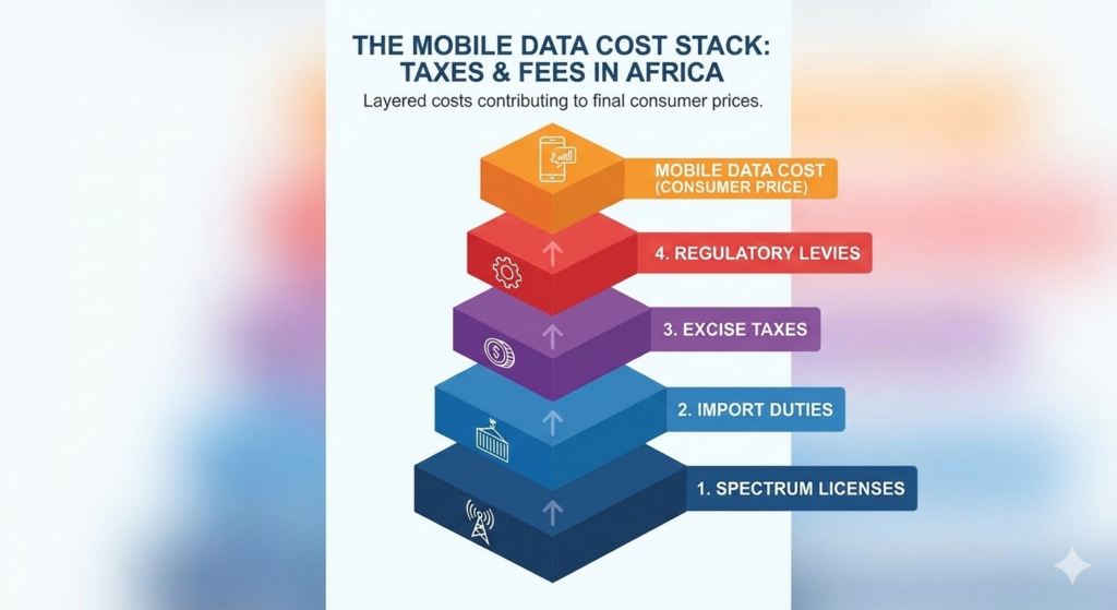 Infographic showing multiple layers of taxes and fees on mobile data in Africa: spectrum licenses, excise taxes, import duties, and regulatory levies stacked vertically