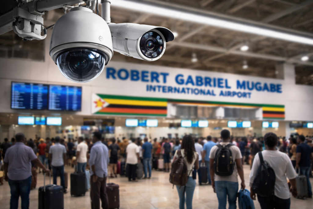 Surveillance cameras at Robert Gabriel Mugabe International Airport in Harare, Zimbabwe, part of CloudWalk facial recognition system"