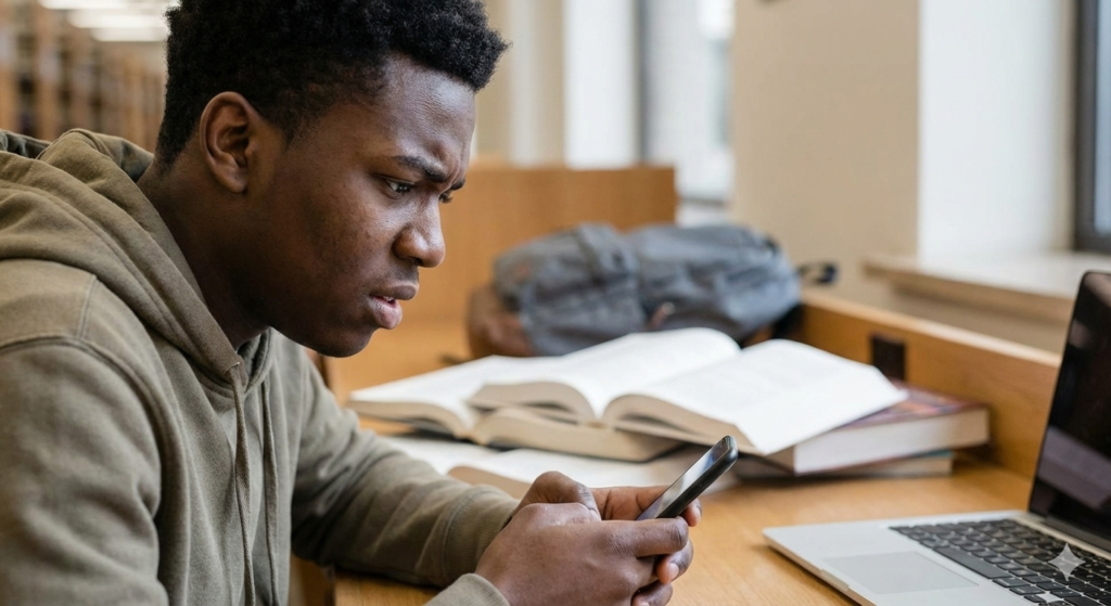 A Nigerian student checking remaining data balance on phone with concerned expression, textbooks visible in background"