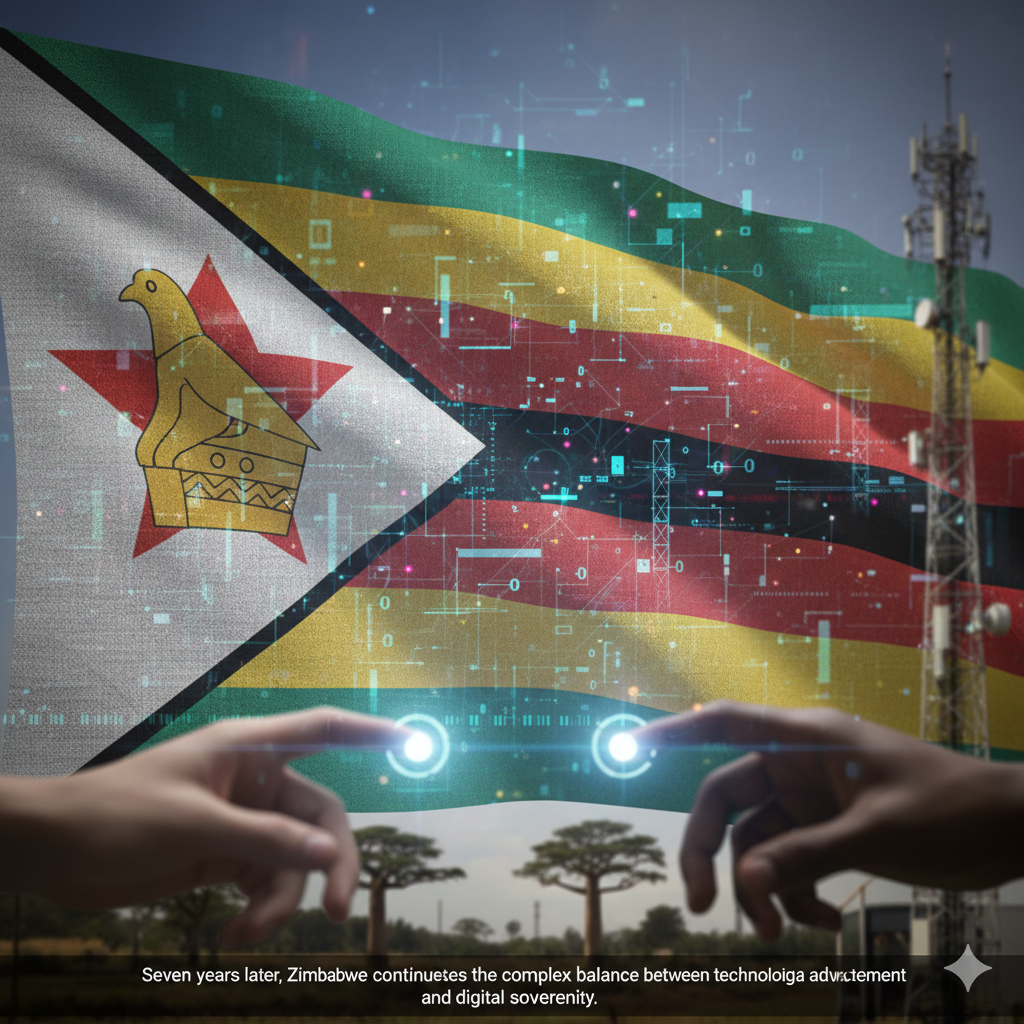 Zimbabwe's partnership with CloudWalk (Zimbabwe flag with digital network overlay representing the intersection of national sovereignty and digital technology partnerships)