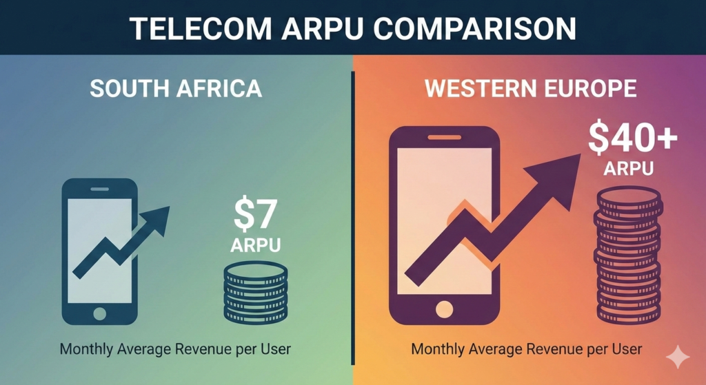 Comparison chart showing average revenue per user in South Africa versus Western Europe for mobile telecommunications