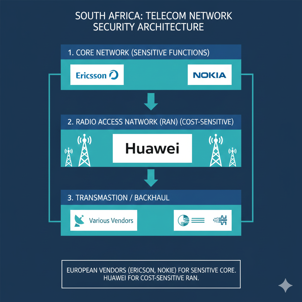 Network architecture diagram showing three-layer telecom infrastructure with vendor distribution across core network, radio access network, and transmission layers