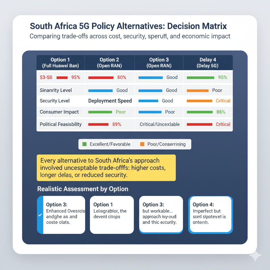 Decision matrix comparing four policy alternatives for 5G deployment showing trade-offs between cost, security, deployment speed, and economic impact"