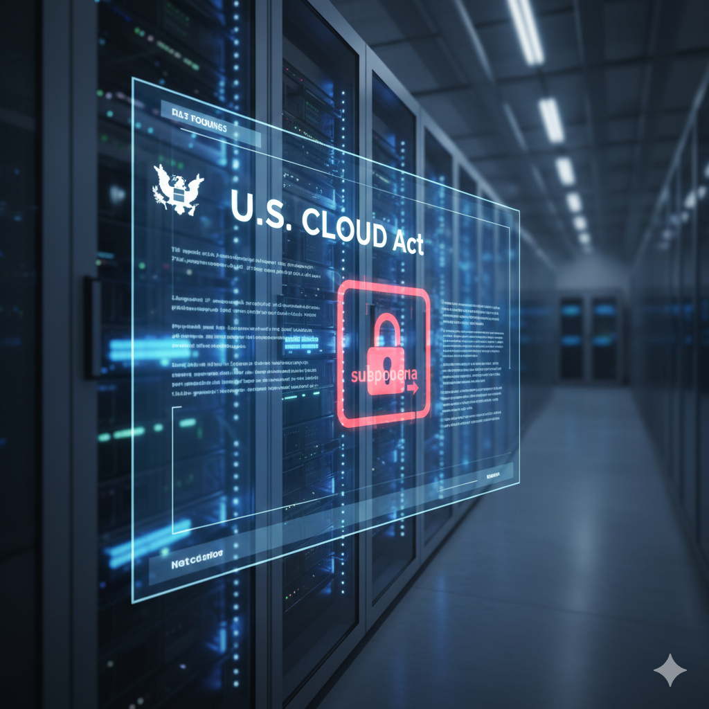 conceptual representation of a cloud server rack with a digital overlay of the U.S. CLOUD Act, symbolizing the legal reach of foreign powers over data stored on Western platforms.