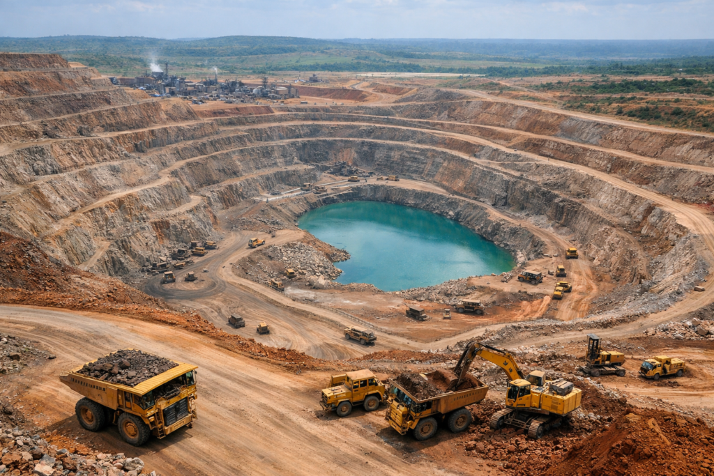Aerial view of an open-pit copper mine in central Africa, showing excavation terraces and heavy mining equipment.