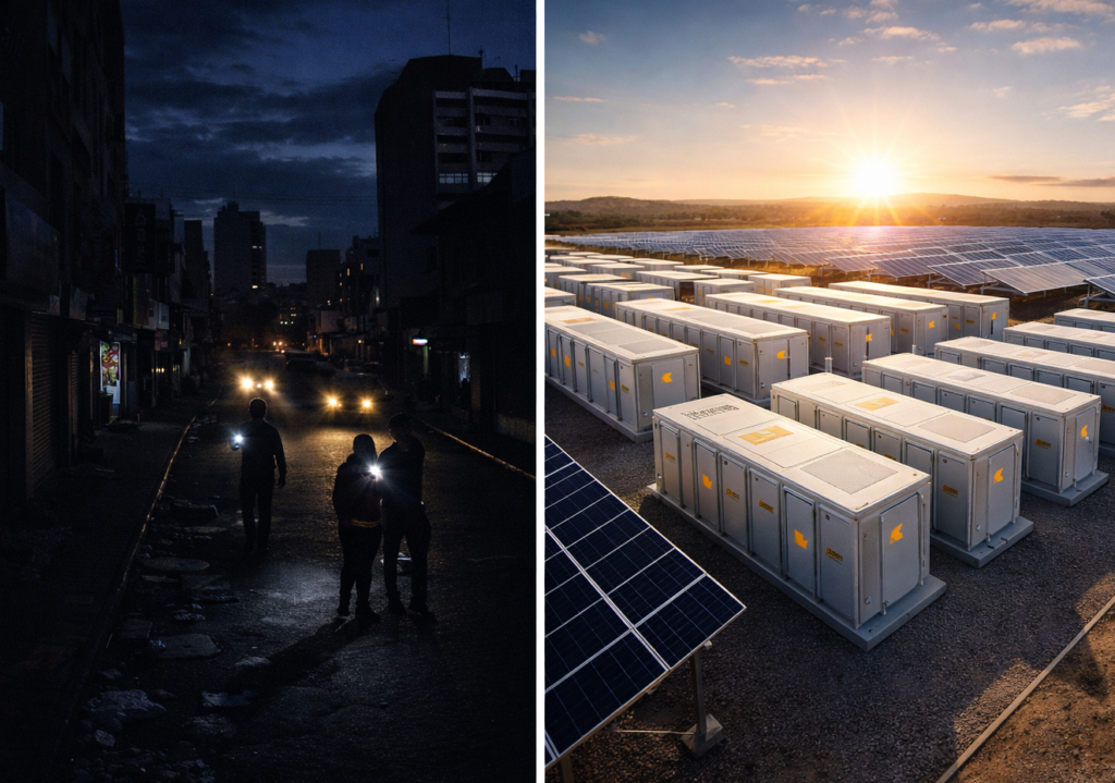 Contrast between Harare during evening load-shedding (left) and a modern grid-scale battery storage facility (right).