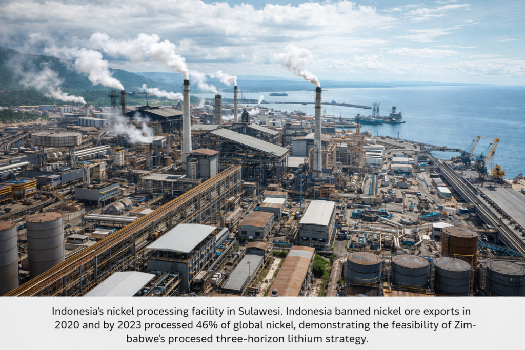 Indonesia's nickel processing facility in Sulawesi. Indonesia banned nickel ore exports in 2020 and by 2023 processed 48% of global nickel, demonstrating the feasibility of Zimbabwe's proposed three-horizon lithium strategy.