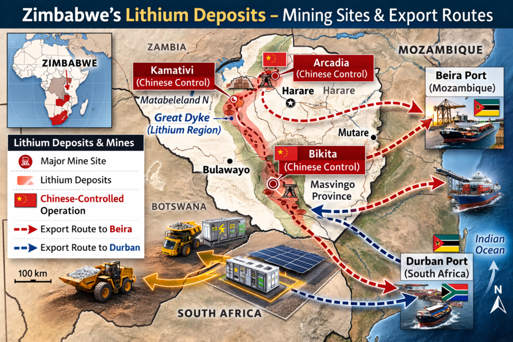 Map of Zimbabwe's lithium deposits in the Great Dyke region showing Chinese-controlled mining operations at Bikita, Arcadia, and Kamativi, with export routes to Mozambique's Beira port and South Africa's Durban port highlighted