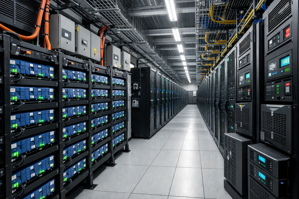 Hyperscale data center infrastructure showing battery backup systems. AI training workloads require uninterruptible power, making lithium-ion batteries mandatory infrastructure. Zimbabwe's lithium already enables such facilities globally, but none exist domestically.