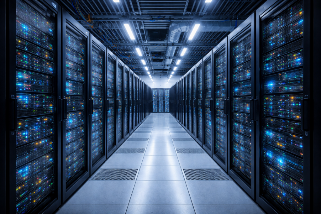 Server racks inside a modern data center facility, illuminated by blue indicator lights.