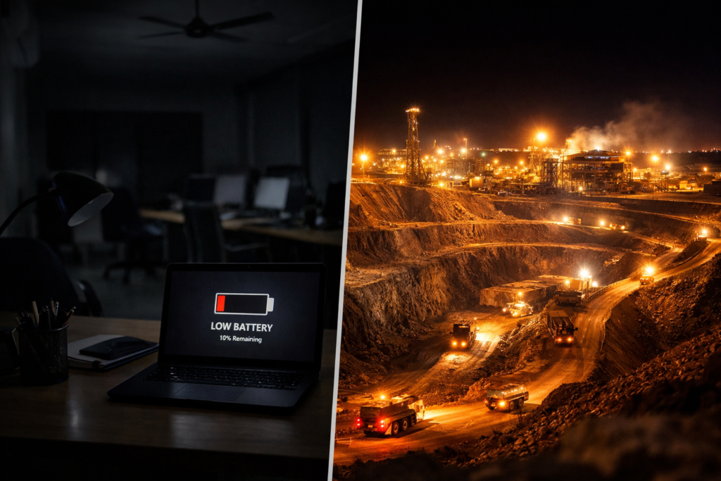 Split image showing a dark office space with a laptop on low battery in Lusaka (left) contrasted with brightly lit copper mining operations at night in the Copperbelt (right)