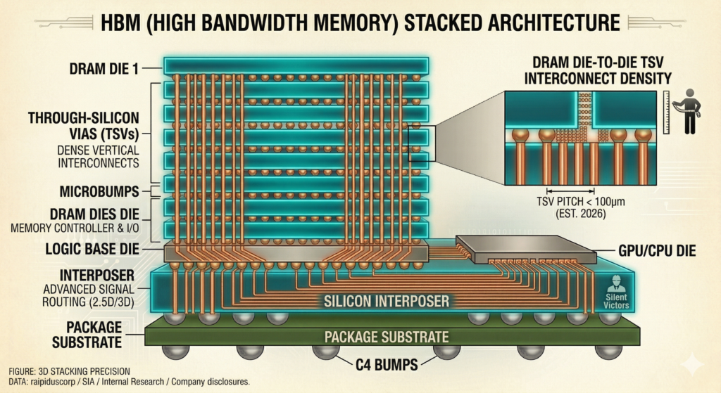 Cross-section diagram of 3D semiconductor packaging and High Bandwidth Memory (HBM) stacking, showcasing the interconnect density of AI-optimized chips.