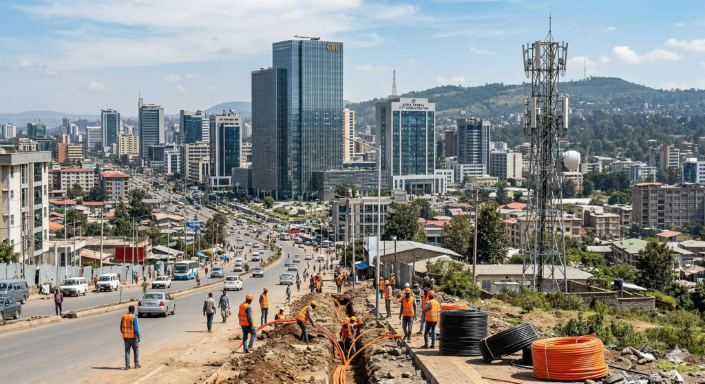 A panoramic view of Addis Ababa, Ethiopia, showing a blend of modern skyscrapers and telecommunications infrastructure representing the nation's rapid digital transformation.
