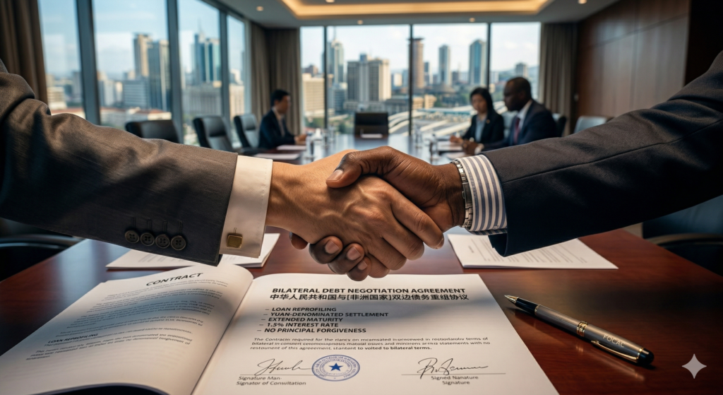 Close-up of financial documents and a decisive handshake between Asian and African officials over a specific bilateral debt renegotiation contract, representing the shift from multilateral IMF conditions to confidential, Chinese-led terms.
