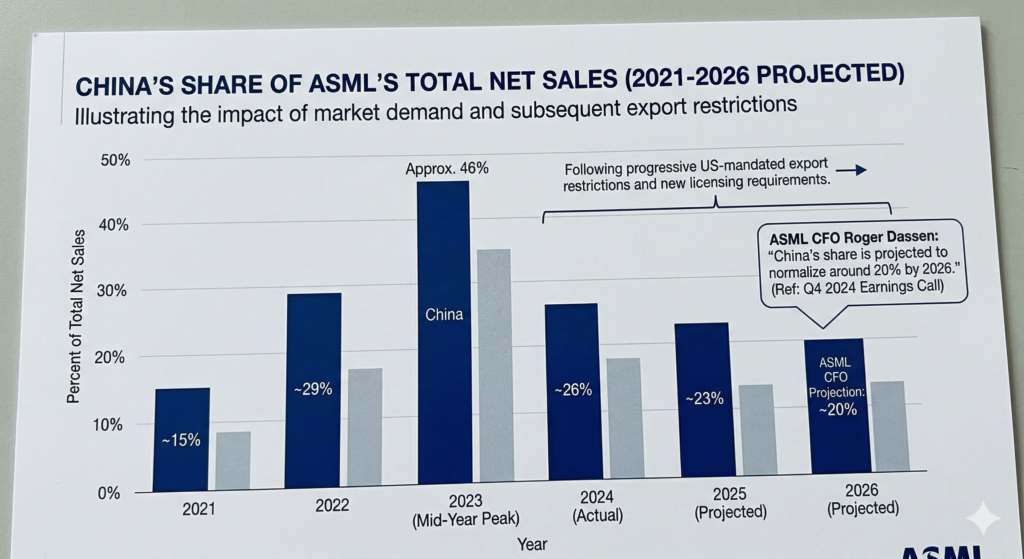 Bar chart showing China's share of ASML's total net sales from 2021 to 2026 (projected). China's share peaked at approximately 46 percent in mid-2023 before declining sharply following progressive US-mandated export restrictions, with ASML's CFO projecting a further fall to around 20 percent in 2026.